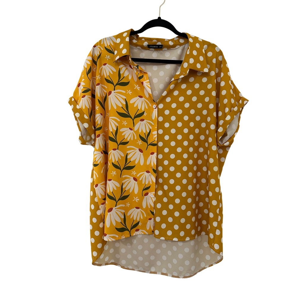 Izuria Womens 2XL Mustard Yellow Floral Polka Dot Button Down High Low Top Retro